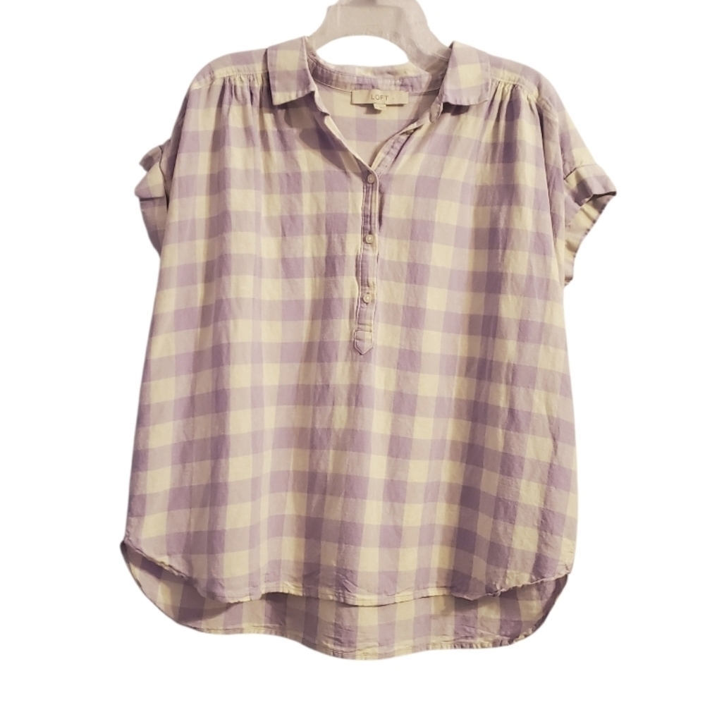 Loft Women's Gingham Lightweight Linen Cotton Blend Short Sleeve Blouse XL - Picture 3 of 6